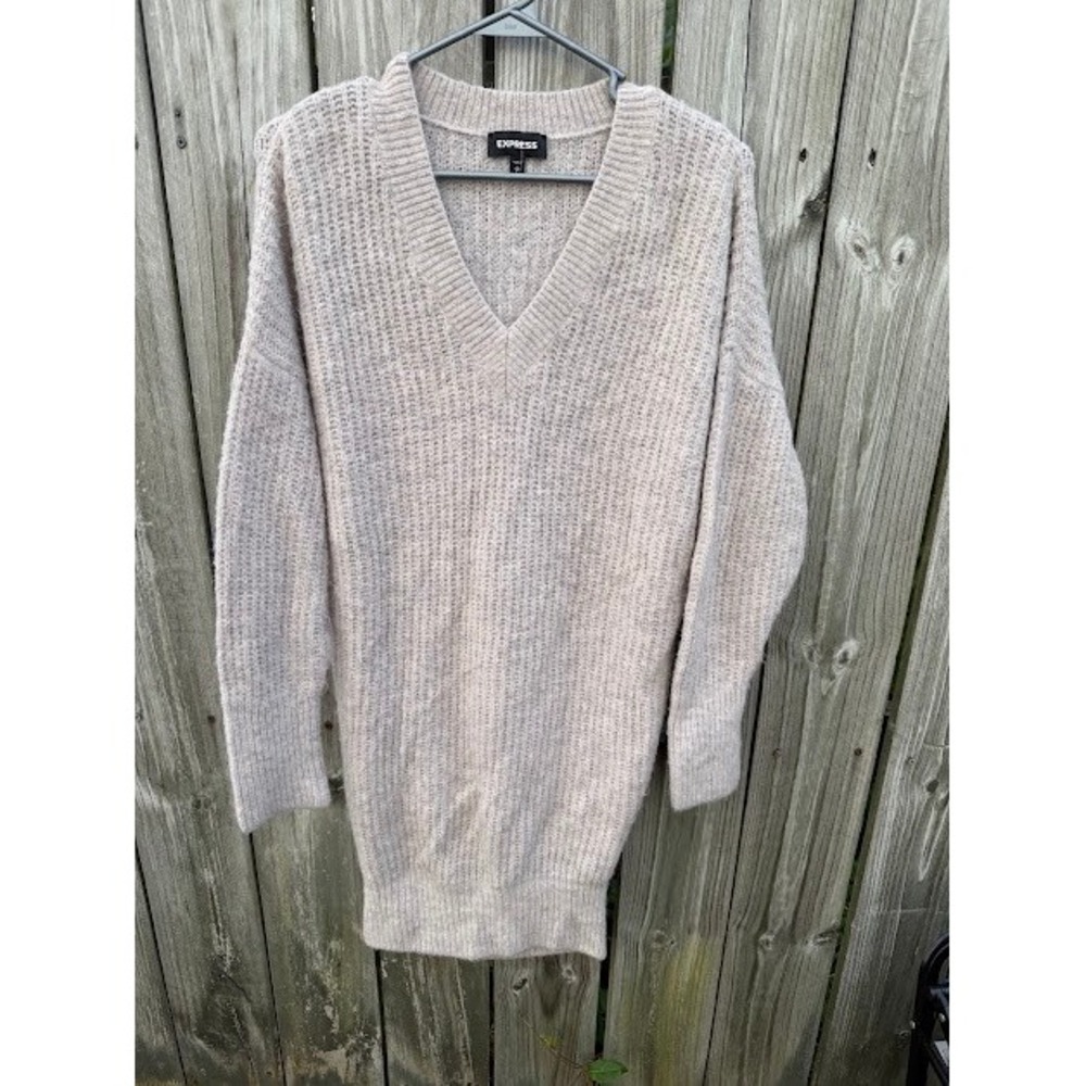 Cozy Oversized Express Tunic Sweater S Oatmeal Ribbed V-Neck Chunky Knit